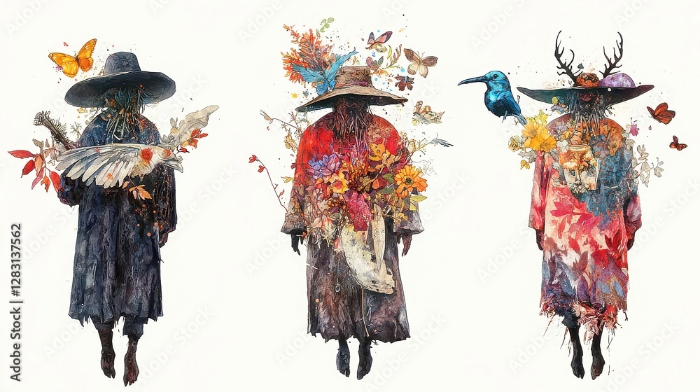 Naklejka premium Hoodoo Root Workers and Conjurers, folk herbalists combining spiritual traditions and medicinal knowledge, illustrated in watercolor, isolated on white background, clipart