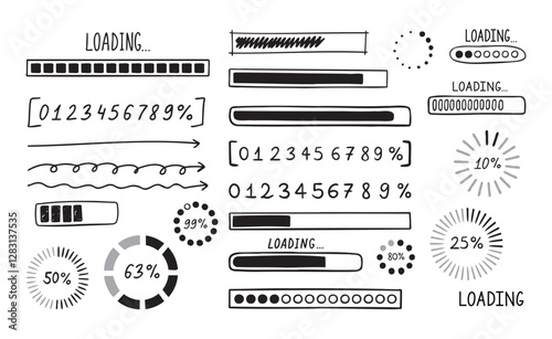 Loading bar doodle set. Hand drawn element line loading sketch style. Slow isolated download speed, progress status and internet load bar concept. 