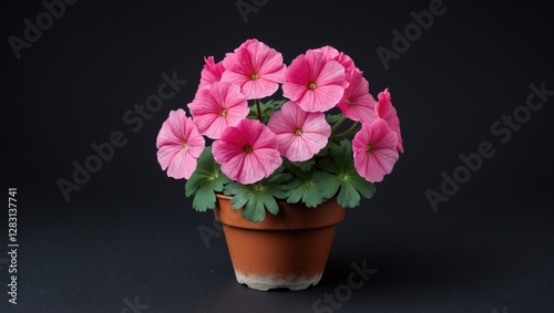 Wallpaper Mural Blooming pink geranium in a terracotta pot against a dark background showcasing vibrant petals and lush green leaves for decorative use. Torontodigital.ca