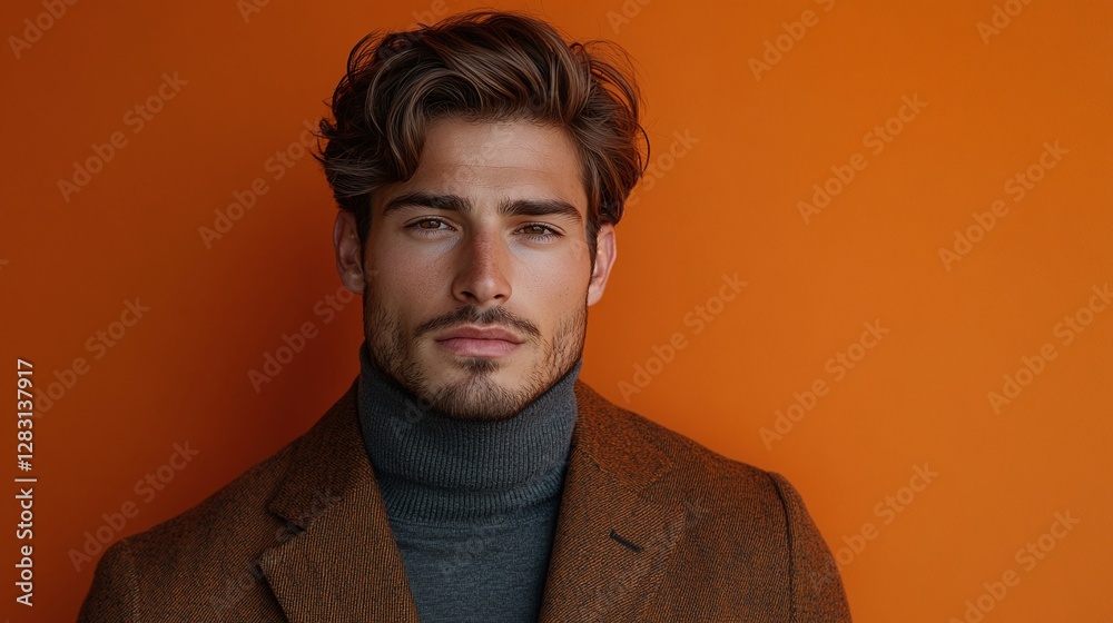 Obraz premium studio portrait of a confident young male model wearing a turtleneck and trendy jacket posing against a vibrant background showcasing urban elegance and contemporary style