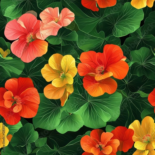 Wallpaper Mural Nasturtium flower plant flora bloom botany seamless pattern ornament design, tile Torontodigital.ca