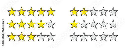 Rating 1, 2, 3, 4, 5 stars doodle icon set. Gold star one, two, three, four, five hand drawn icon set. variable isolated stars rating