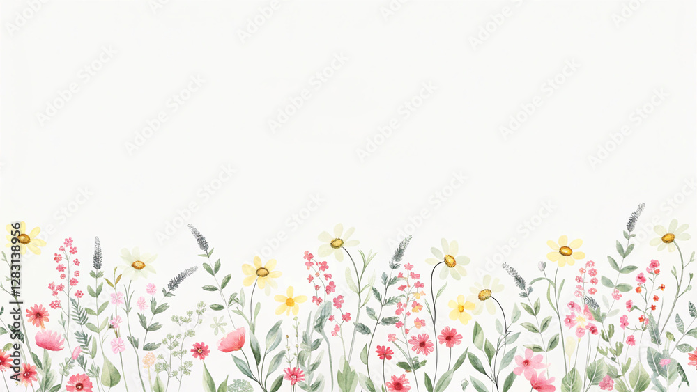 Watercolor arrangements with small flowers. Botanical illustration minimal style. Pink, white, red tiny flowers, buds, green leaves. Delicate rules for bouquets. Watercolor arrangements with small flowers. Botanical illustration minimal style. Pink, white, red tiny flowers, buds, green leaves. Delicate rules for bouquets.