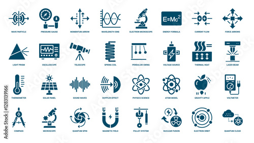 physics science glyph icon set, electron microscope energy sine