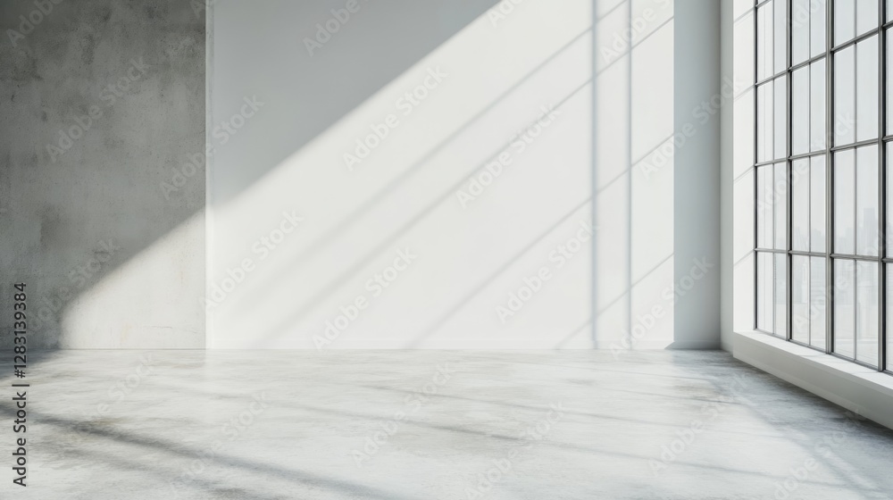 Obraz premium Sunlit Minimalist Interior: Concrete Floor, White Wall, Large Window