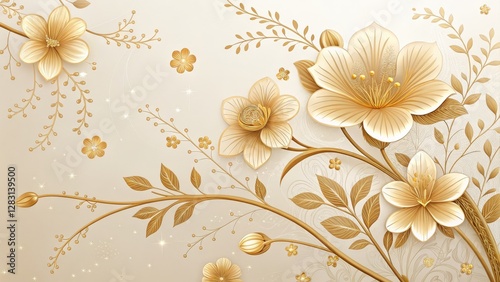 Golden Floral 3D Wallpaper Beige Background, Embossed Flowers, Luxury Design, Elegant Composition Floral Wallpaper, 3D Design