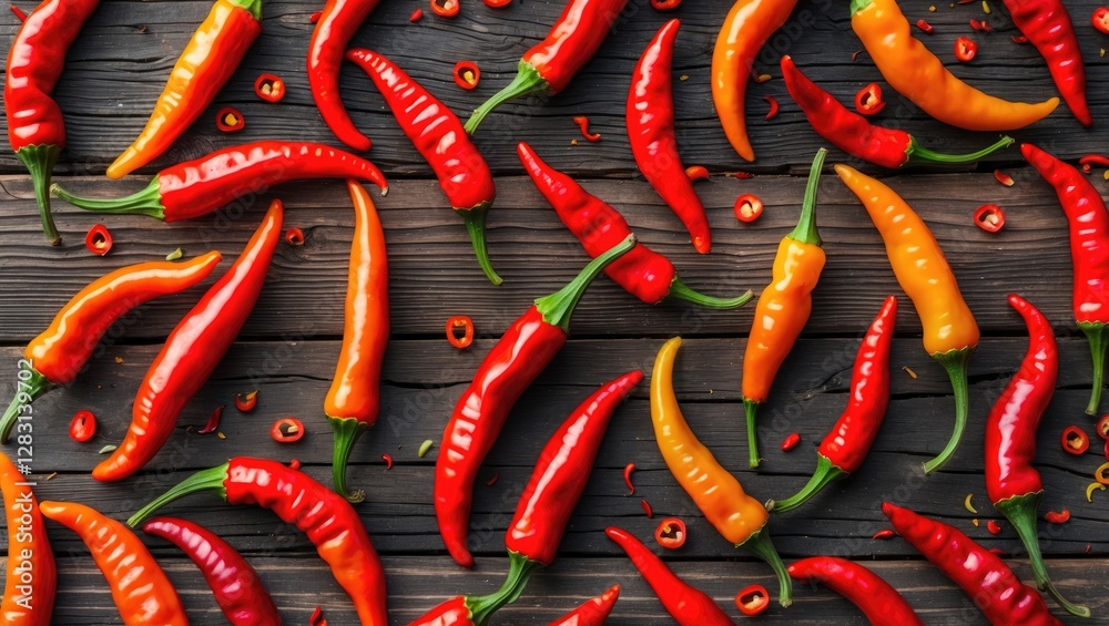 Naklejka premium Vibrant Red and Yellow Chili Peppers Arranged on Rustic Wooden Surface Creating a Spicy Culinary Background for Food Design and Menus