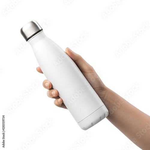 Hand-holding white water bottle mockup isolated on a transparent background