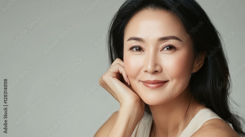 Beautiful Asian woman of middle age posing for beauty portrait. Pretty mature adult lady model from Asia looking at camera smiling on background advertising anti aging skin care. Face skincare Beautiful Asian woman of middle age posing for beauty portrait. Pretty mature adult lady model from Asia looking at camera smiling on background advertising anti aging skin care. Face skincare