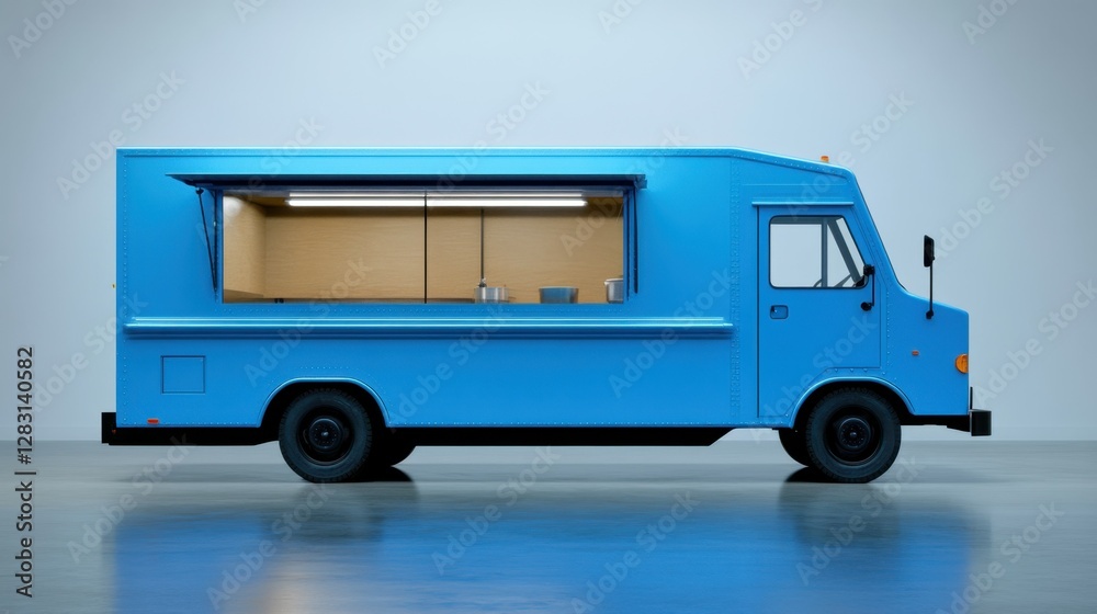 Side view of a blue food truck indoors. Side view of a blue food truck indoors.