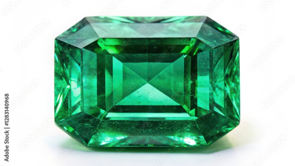 Emerald gemstone, emerald cut, green gemstone, isolated on white Emerald gemstone, emerald cut, green gemstone, isolated on white