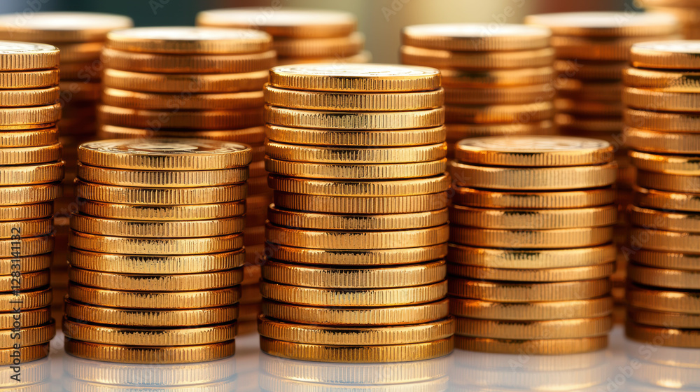 Stacks of gold coins reflecting light create vibrant display of wealth and prosperity Stacks of gold coins reflecting light create vibrant display of wealth and prosperity