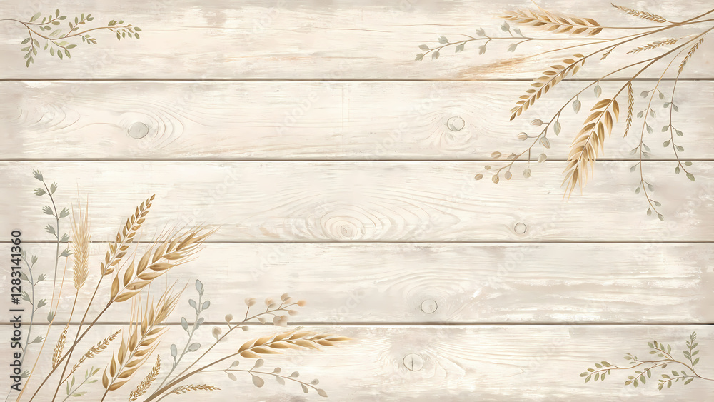 Fototapeta premium Whitewashed wooden planks create serene backdrop, adorned with wheat stalks, evoke tranquility and natural beauty, perfect for rustic elegance