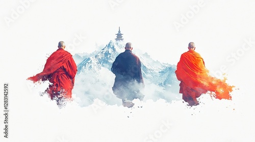 Tibetan Monastic Healers, Buddhist monks skillfully practicing herbal medicine amidst serene mountain landscapes, vibrant watercolor illustration, die-cut clipart on white background