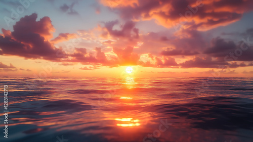 Tranquil ocean and breathtaking sunset horizon, blending warm colors across the sky