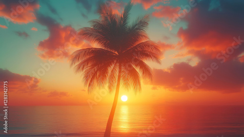 Stunning tropical sunset with a palm tree silhouette framing the vibrant sky at dusk