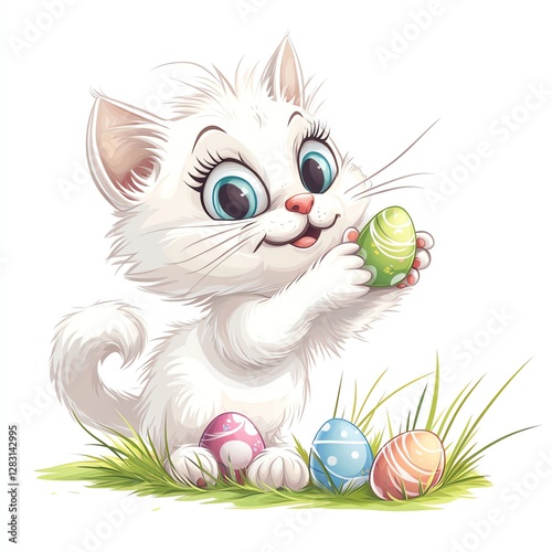 Cute white kitten holding a colorful Easter egg in a grassy setting.
