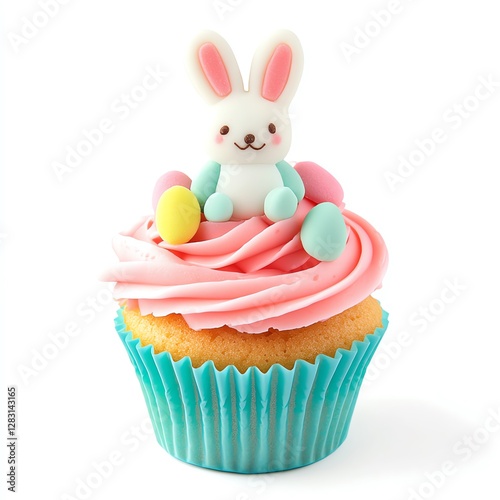 Delicious cupcake topped with pastel frosting and a cute bunny decoration.