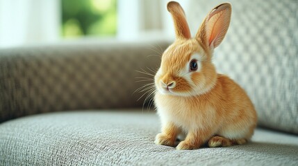 sweet little bunny with soft fur sitting indoors on a sofa looking cute and relaxed as a domestic pet enjoying a peaceful moment in a cozy home