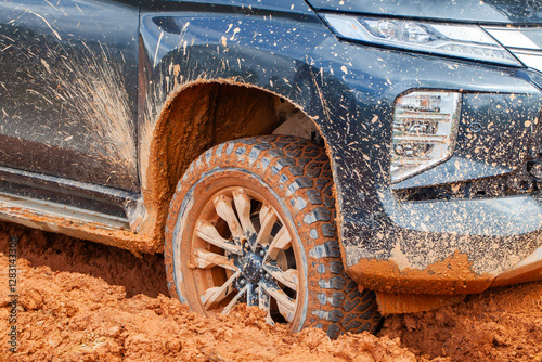 A tire stuck in the mud on a dirt road on a village road. Off-road trips are loved by adventurers