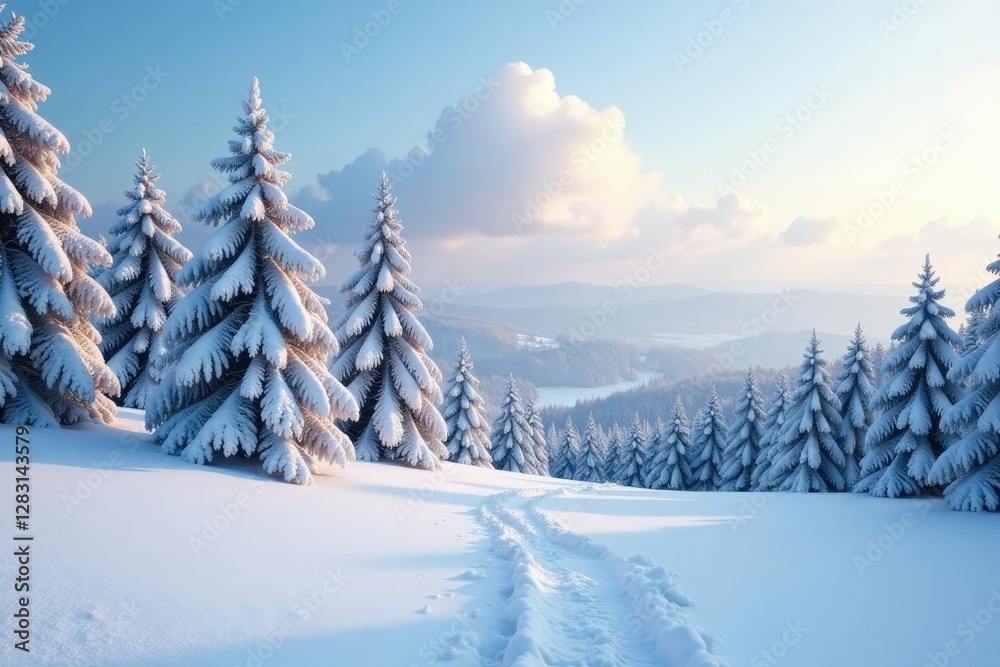 Fototapeta premium A blanket of snow covers the landscape with snow-covered fir trees in the distance, peaceful, serene, fir