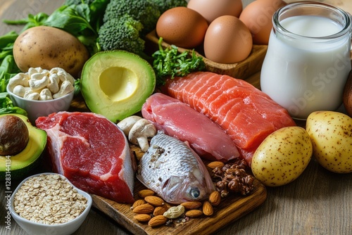 Healthy Protein Foods Displayed on Wooden Surface photo