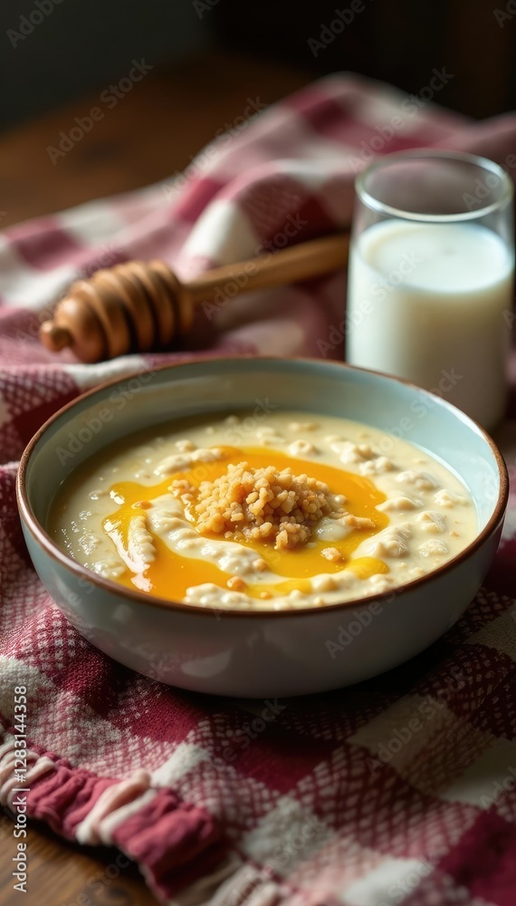 A bowl of creamy oatmeal with milk and honey on a cozy blanket-covered table, comforting, breakfast A bowl of creamy oatmeal with milk and honey on a cozy blanket-covered table, comforting, breakfast