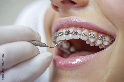Close-up of a dentist adjusting braces on a patient's teeth, highlighting orthodontic care for a confident and healthy smile, emphasizing dental health.