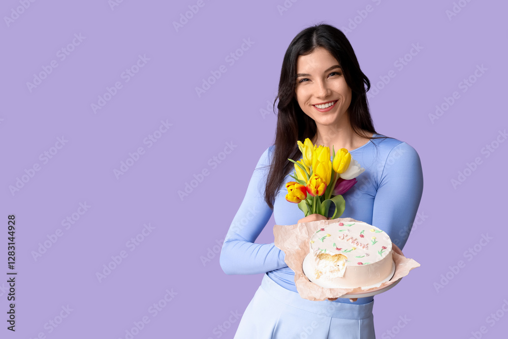 Beautiful young woman with sweet bento cake and bouquet of tulips on lilac background. International Women's Day Beautiful young woman with sweet bento cake and bouquet of tulips on lilac background. International Women's Day