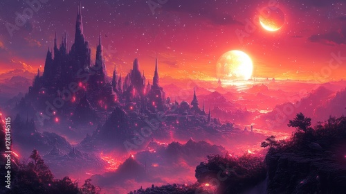 Crimson Castle Under a Double Moon