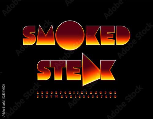 Vector Advertising poster Smoked Steak. Fire Geometric Font. Bright Burning Alphabet Letters and Numbers.