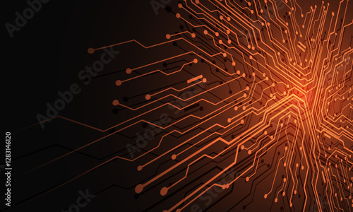 Abstract orange black circuit board technology connected lines electronics elements computer motherboard chip processor semiconductor digital on grey background vector