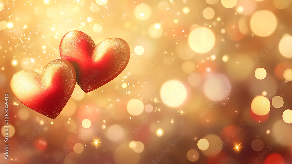 Two Golden Red Hearts Against A Sparkling Background Two Golden Red Hearts Against A Sparkling Background