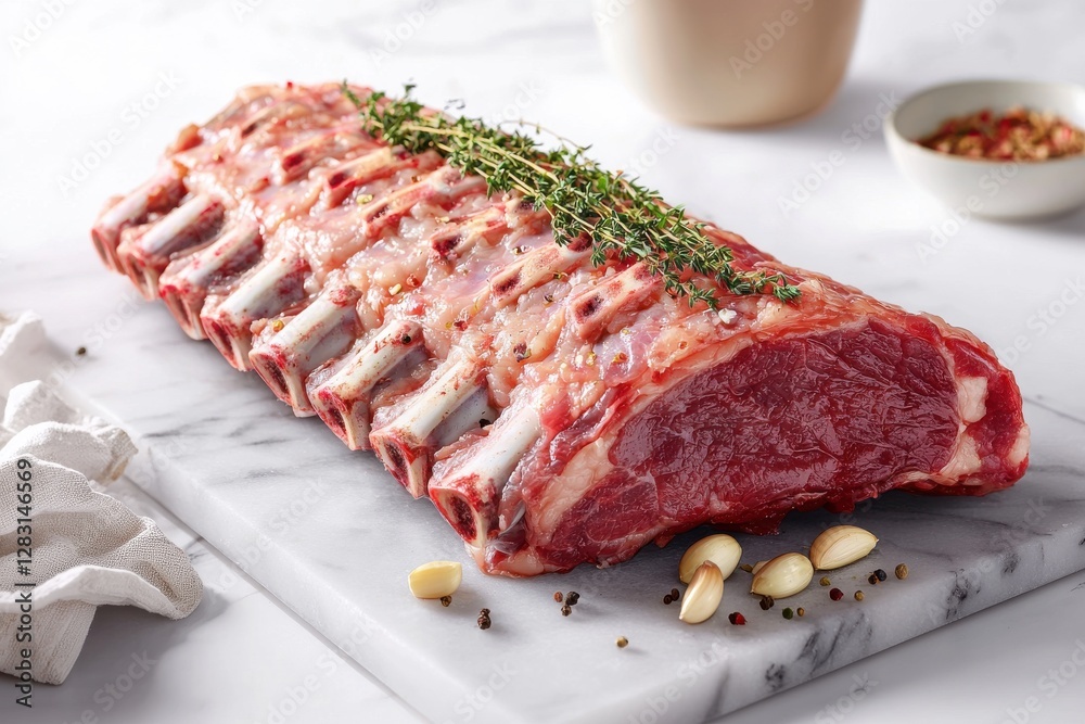 A rack of raw beef ribs seasoned with thyme, peppercorns, and garlic cloves, on a marble cutting board ready for cooking, promising a delicious culinary experience.