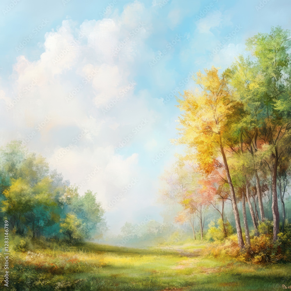 Fototapeta premium Serene autumn landscape, painted trees, sunlit field.