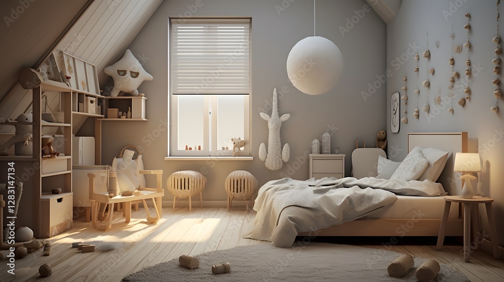 Fototapeta premium Minimalist and clutter free bedroom design that promotes healthy sleep habits and overall well being for children The space features natural light calming colors
