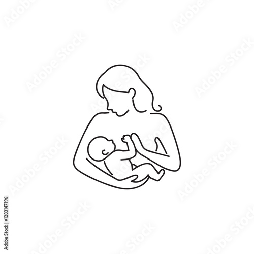 An illustration in black and white showing a mother and infant breastfeeding  The mother is comfortable holding the infant while the infant is latched deeply with an extended chin.