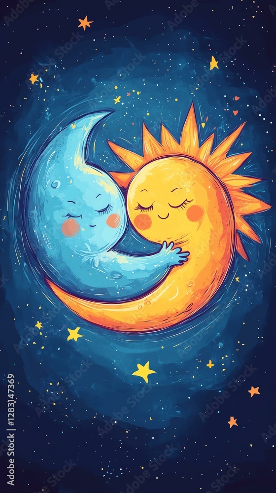 Sun and moon embrace in a cosmic dance.