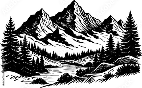 Majestic mountain landscape with a dense pine forest in the foreground sketch engraving vector