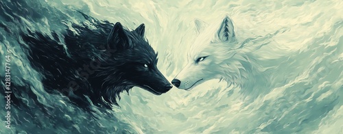 Two wolves connect in ethereal landscape.