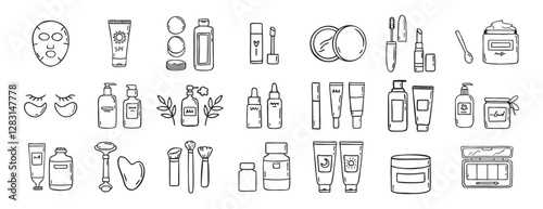 make up beauty doodle hand drawn icon set. Outline drawing cosmetics line clipart symbol