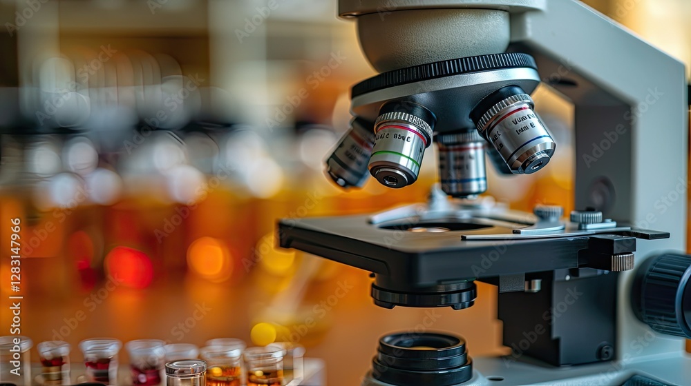 Close Up View of Microscope with Samples in a Lab Close Up View of Microscope with Samples in a Lab