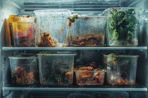 A refrigerator filled with half-eaten food containers, showcasing neglected leftovers and forgotten meals, highlighting food waste and the importance of mindful consumption and kitchen management.