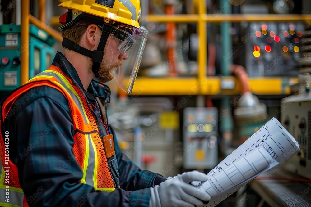 Obraz premium Professional Industrial Engineer Analyzing Blueprints at Power Plant Station with Tech in the Background.