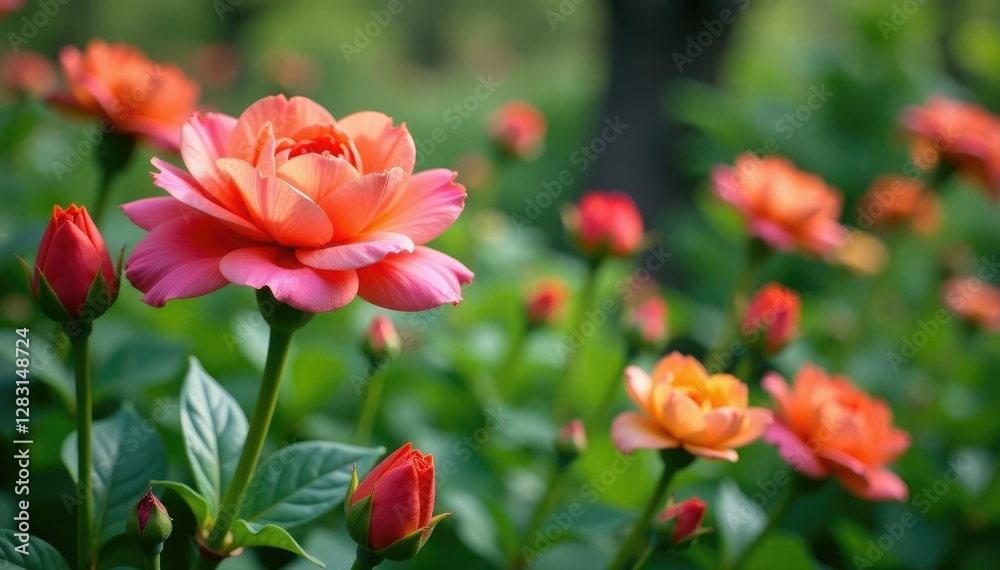Full bloom in garden among other flowers and leaves, foliage, stems, flowers Full bloom in garden among other flowers and leaves, foliage, stems, flowers