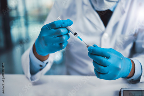 Healthcare, science and hands of doctor with needle, drug and research for antivenom in hospital. Tablet, syringe and person with vial, medical innovation and venom protection for biotechnology