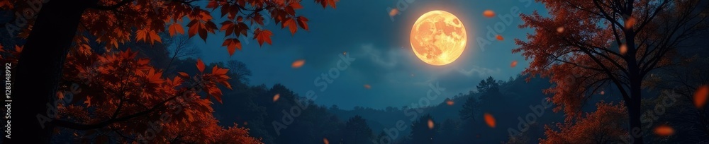 Full moon shines bright through autumn leaves, woodlands, lunar glow, forest Full moon shines bright through autumn leaves, woodlands, lunar glow, forest