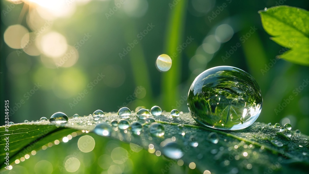 Crystal Clear: A close-up photograph captures a glistening water droplet on a vibrant green leaf. Crystal Clear: A close-up photograph captures a glistening water droplet on a vibrant green leaf.