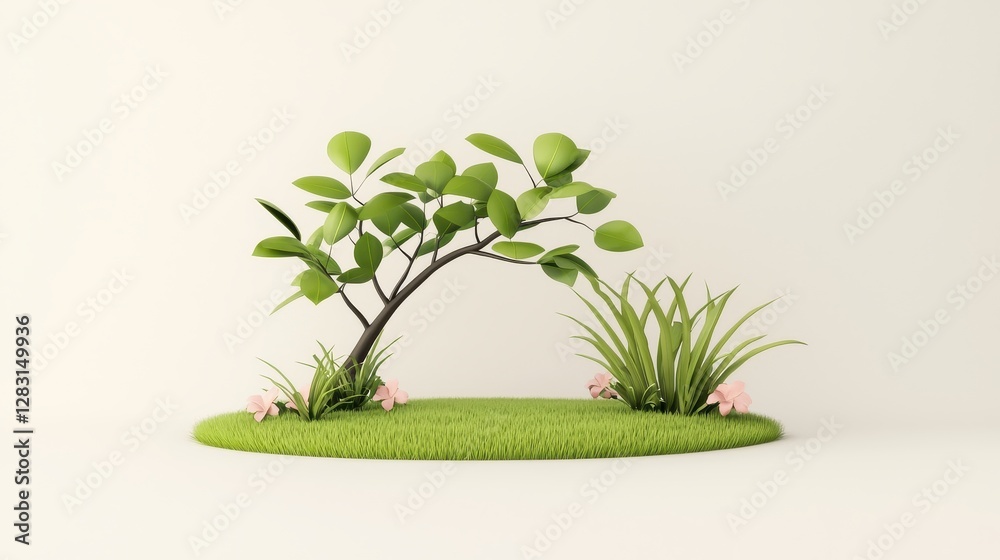 Obraz premium Glossy Dark Green Leaves of Snowbombam Cherry Laurel Tree with Grass and Flowers on a Minimalist Background