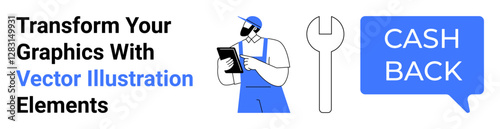 Mechanic in blue overalls holding tablet, large wrench icon, cashback speech bubble. Ideal for service promotions, loyalty programs, maintenance offers, repair services, customer rewards, automotive